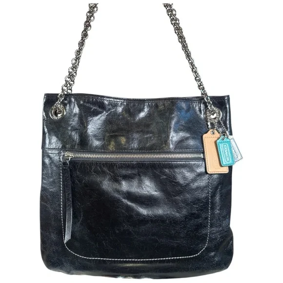 Coach Poppy EUC Slim Black Crackled Leather Convertible Bag - Picture 1 of 16